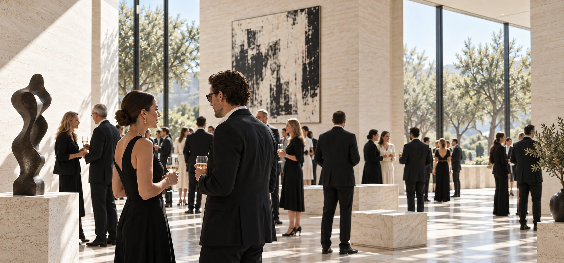 Invitados disfrutando de una inauguración privada en una galería